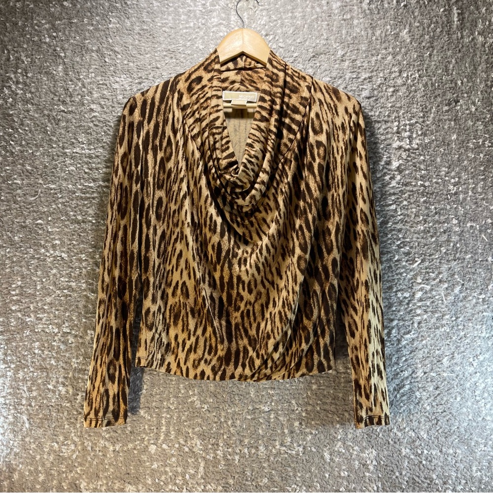 Michael Kors Animal Print Women Blouse Petite Small‎ Cowl Neck Long Sleeve